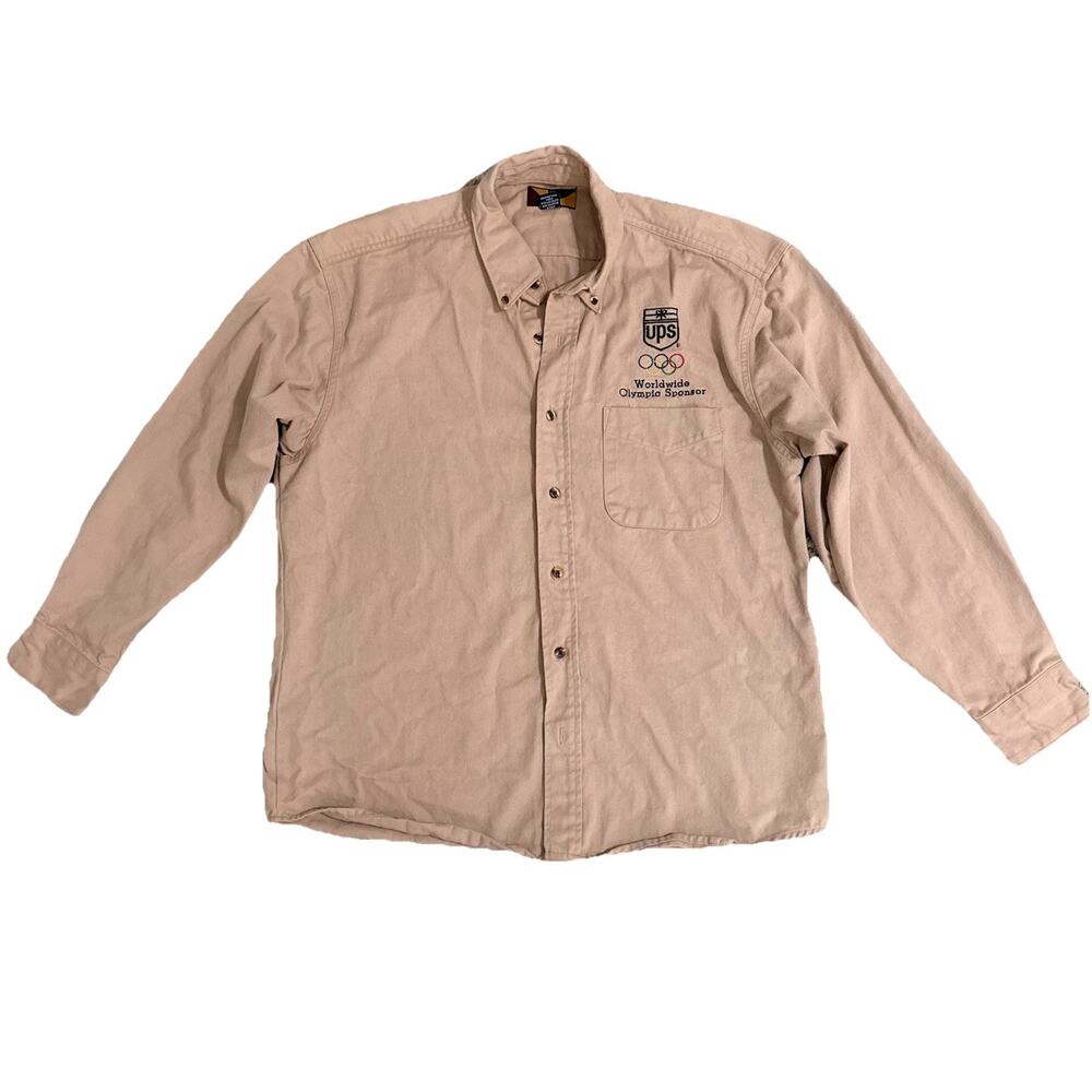 UPS Worldwide Olympic Sponsor Button Down Shirt Beige Men’s M Heavy Cotton